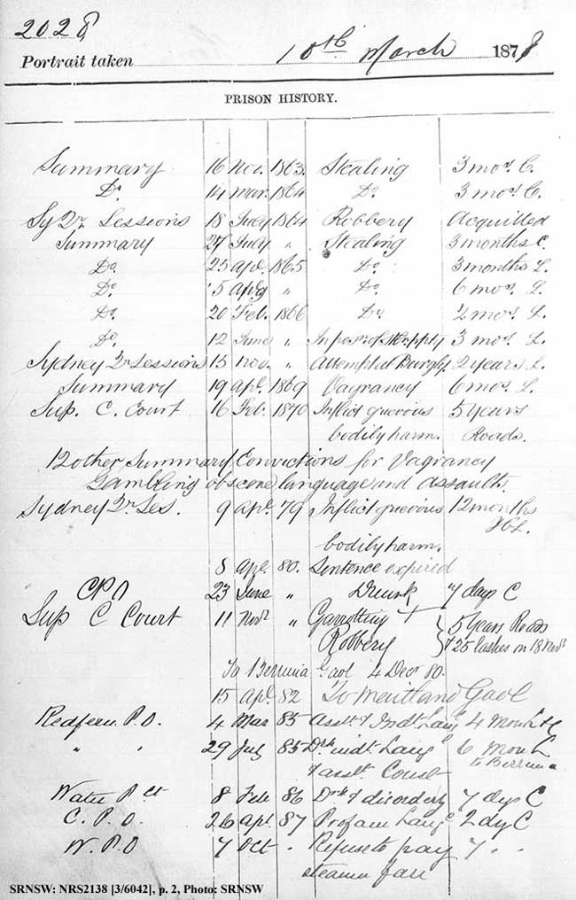 Joseph Bragg’s 1879 gaol photo record sheet. SRN- SW: NRS2138, [3/6042]. Photo SRNSW