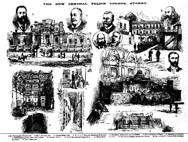 Central Police Court, Liverpool street, Sydney. Above left, Hon RE O’Connor, Minister for Justice, above right, Mr Archibald C Fraser, Under Secretary for Justice. Image: <em>Illustrated Sydney News</em>, Sat 29 Oct 1892, p.17. Reproduction: Peter de Waal. Central Police Court, Liverpool street, Sydney. Above left, Hon RE O’Connor, Minister for Justice, above right, Mr Archibald C Fraser, Under Secretary for Justice. Image: <em>Illustrated Sydney News</em>, Sat 29 Oct 1892, p.17. Reproduction: Peter de Waal.