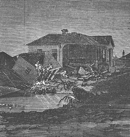 Left, destroyed old West Maitland courthouse, and Mr Ledsam’ cottage, after 1870 floods. Image: Australian Town and Country Journal,Sat14May1870,p.16. Reproduction: Peter de Waal