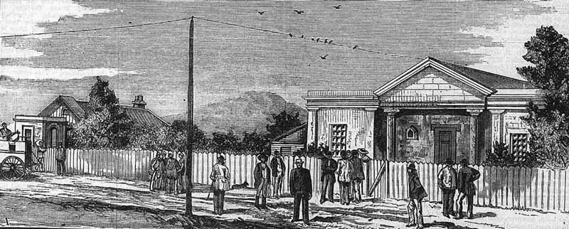 Old Braidwood courthouse, build 1837, right, and post office. Image: Australian Town and Country Journal, Sat 17 Feb 1883, p.313. Reproduction: Peter de Waal
