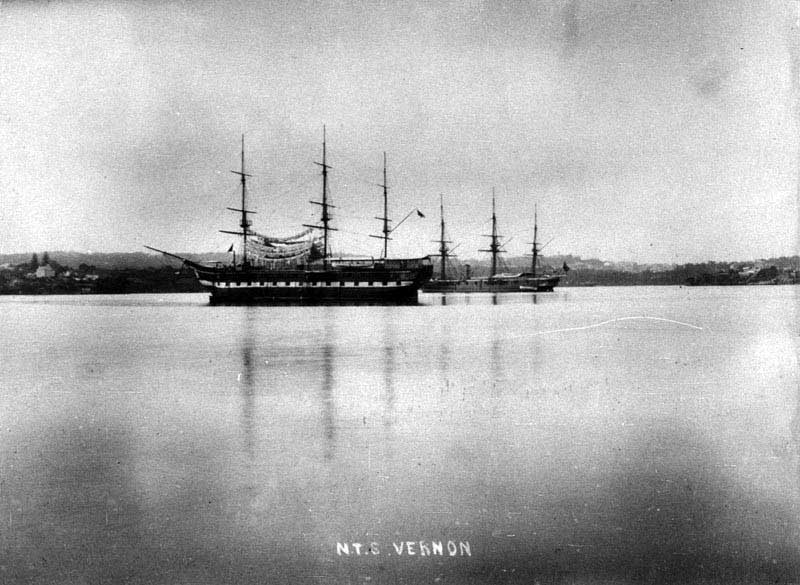 Naval Training Ship “Vernon” with cadets' washing hanging between masts - Sydney, NSW, c. 1888. Image: NSW State Library collection. Reproduction: Peter de Waal