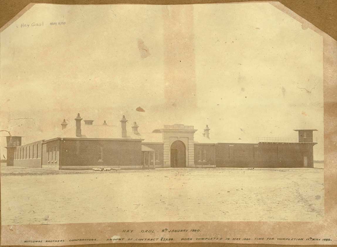 Hay gaol, May 1880. Photo ID: SRNSW 4346_a020_a020000338.jpg. Handwritten caption: “Hay Gaol 8th January 1880. Witcombe Brothers contractors. Amount of contract £7,250. Work completed in May 1880. Time for completion 11th May 1880.”