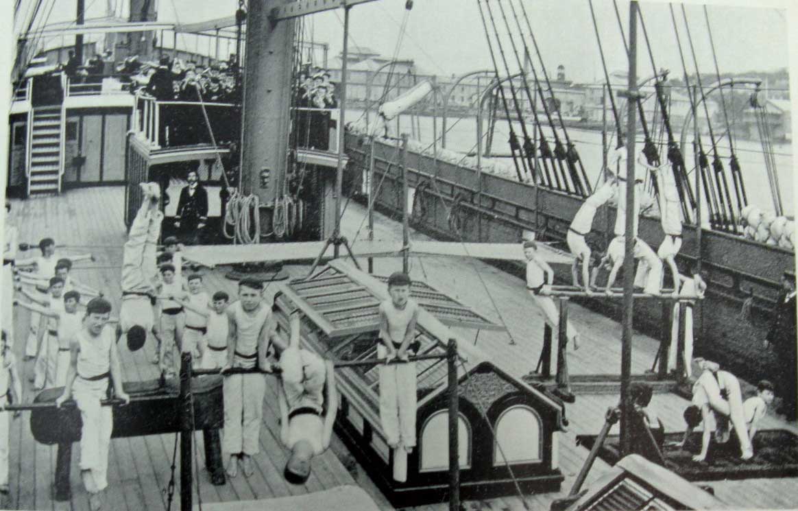 Sobraon gymnastic club with band. ML: Q371.9305/1, Report of the Superintendent of the Nautical School-Ship “Sobraon” for the Year Ended, 30 Apr 1899. Reproduction: Peter de Waal Sobraon gymnastic club with band. ML: Q371.9305/1, Report of the Superintendent of the Nautical School-Ship “Sobraon” for the Year Ended, 30 Apr 1899. Reproduction: Peter de Waal