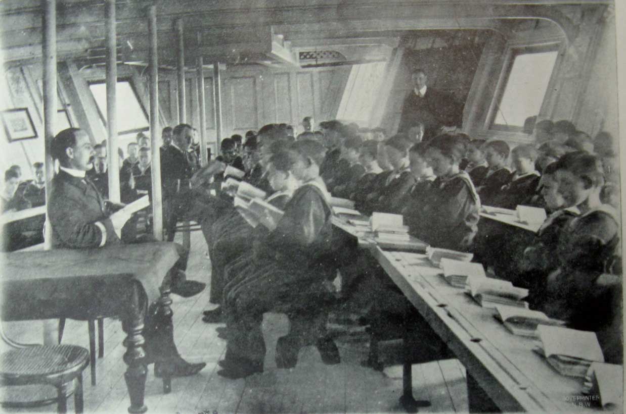 Sobraon school room. ML: Q364/N, Report of the Superintendent of the Nautical School-Ship “Sobraon” for the Year Ended, 30 Apr 1906. Reproduction: Peter de Waal Sobraon school room. ML: Q364/N, Report of the Superintendent of the Nautical School-Ship “Sobraon” for the Year Ended, 30 Apr 1906. Reproduction: Peter de Waal