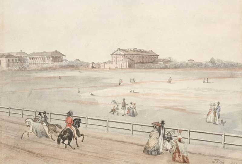 Hyde Park, St James Parsonage Dispensary, afterwards the Mint, and Emigration (Hyde Park) Barracks, John Rae, painting, 1842. Image: NSW State Library collection. Reproduction: Peter de Waal
