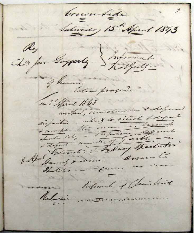 First page of Sir James Dowling’s notebook for the 1843 James Gugerly et al ‘obscene libel’ trial. Photo: Peter de Waal First page of Sir James Dowling’s notebook for the 1843 James Gugerly et al ‘obscene libel’ trial. Photo: Peter de Waal