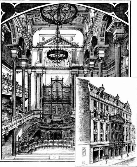 Wesleyan Centenary Chapel, opened 14 Feb 1844, with York Street (between King and Market streets) frontage, at bottom right. Image: Australian Town and Country Journal,Sat11May1889,p.31.Reproduc- tion: Peter de Waal