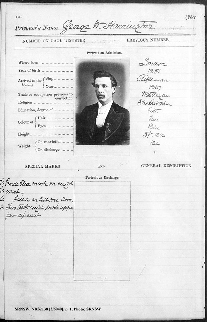 George W Harrington, Gaol photo sheet. No. 1340 p.1. George W Harrington, Gaol photo sheet. No. 1340. p.1.