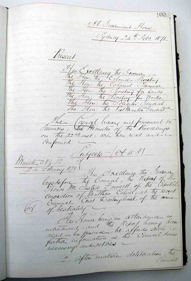 NSW Executive Council minute, 24 Feb 1871. Photo: Peter de Waal