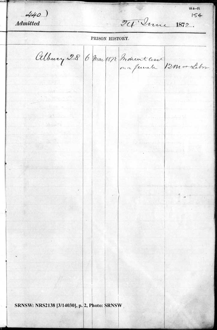SRNSW: NRS2138, [3/14030], Darlinghurst Gaol photographic description book, 1866-1873, No. 440, p. 154, R5097. p.2.