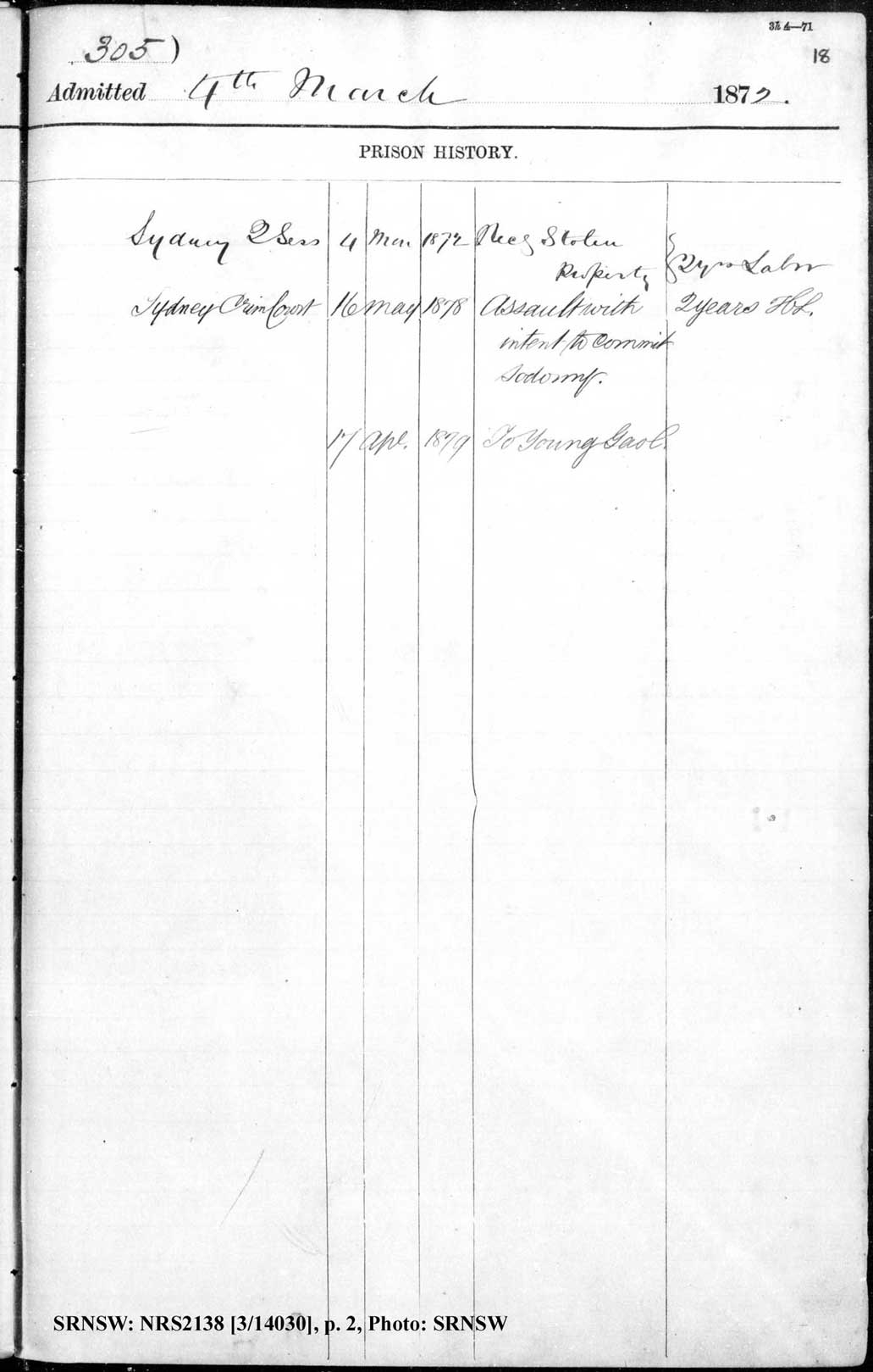 SRNSW: NRS2138, [3/14030], Darlinghurst Gaol photographic description book, 1866-1873, No. 305, p. 18, R5097. p.2.