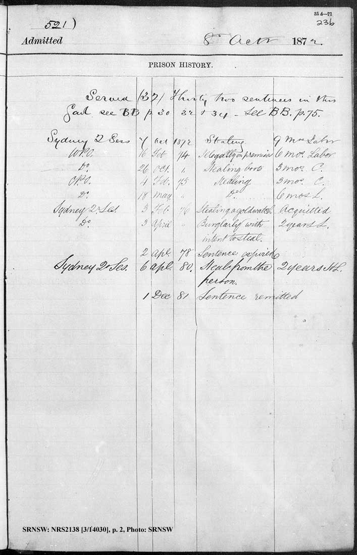 SRNSW: NRS2138, [3/14030] , Darlinghurst Gaol photographic description book, 1866-1873, No. 521, pp. 236a-236b, R5097. p.2.
