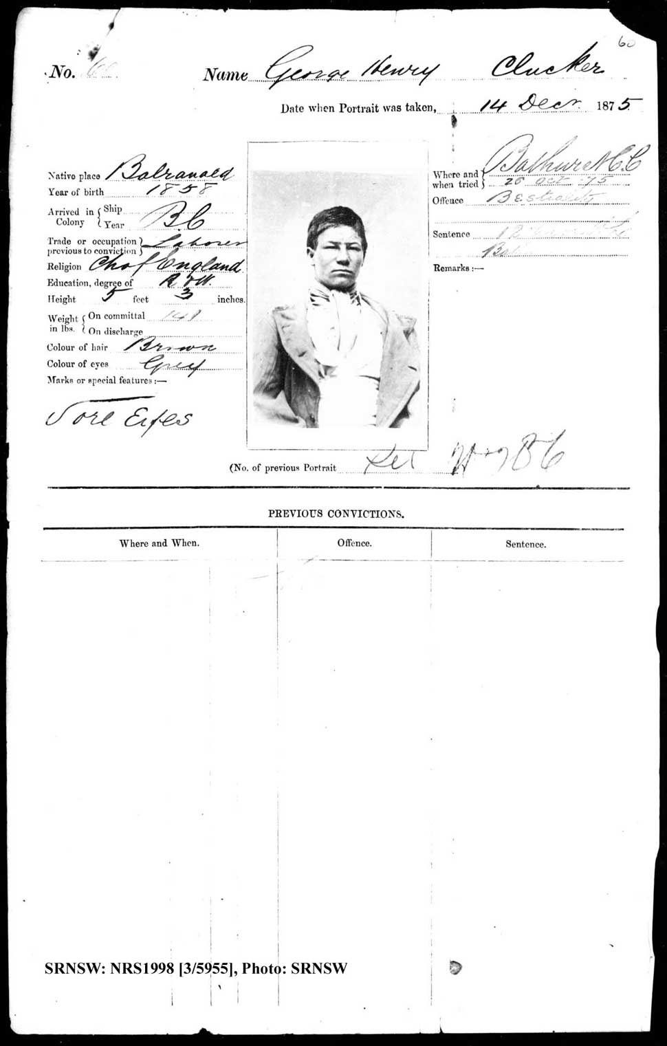 SRNSW: NRS1998, [3/5955], Bathurst Gaol photographic description book, 1874-1930, No. 60, p. 60, R5084.
