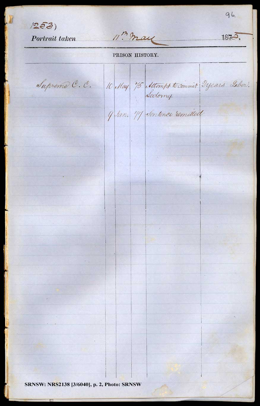 SRNSW: NRS2138, [3/6040], Darlinghurst Gaol photographic description book, 15 Dec 1874-22 Mar 1876, No. 1253, p. 96, R5098. p.2.