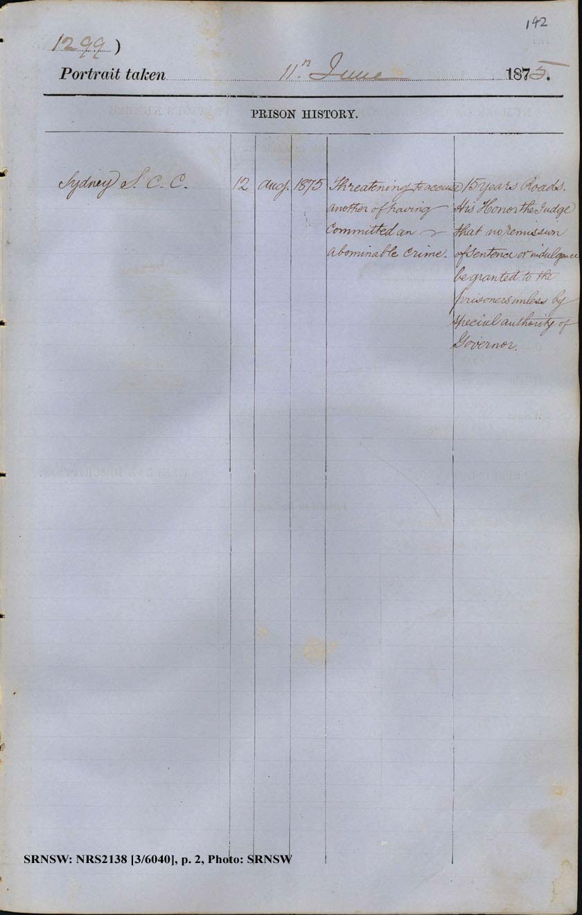 SRNSW: NRS2138, [3/6040], Darlinghurst Gaol photographic description book, 15 Dec 1874-22 Mar 1876, No. 1299, p. 142, R5098. p.2.