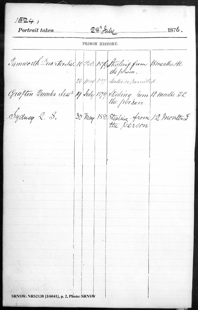 SRNSW: NRS2138, [3/6041], Darlinghurst Gaol photographic description book, 1876-1877, No. 1524, pp. 78a, 78b, R5099. p.2.