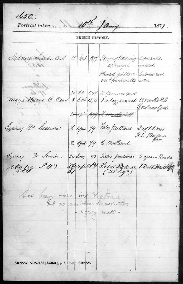 SRNSW: NRS2138, [3/6041], Darlinghurst Gaol photographic description book, 1876-1877, No. 1650, pp. 204a, 204b, R5099. p.2.