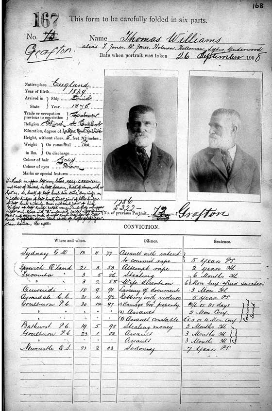 SRNSW: NRS2258, [3/5993] , Grafton Gaol photographic description book, Nov 1894-Jun 1910, No. 167, p. 168, R5125. Emphasis added.