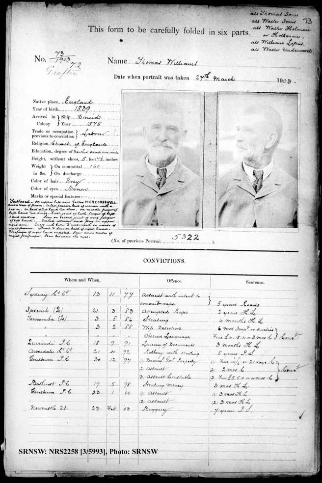 SRNSW: NRS2258, [3/5993] , Grafton Gaol photographic description book, Nov 1894-Jun 1910, No. 72, p. 73, R5125. Emphasis added.