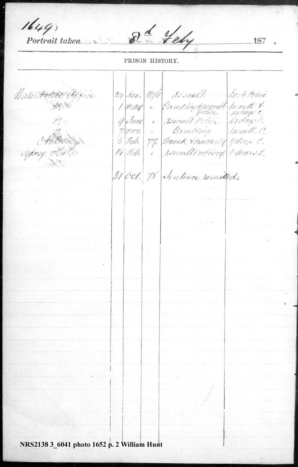 SRNSW: NRS2138, [3/6041], Darlinghurst Gaol photographic description book, 1876-1877, No. 1649, p. 203, R5099. p.2 Emphasis added.