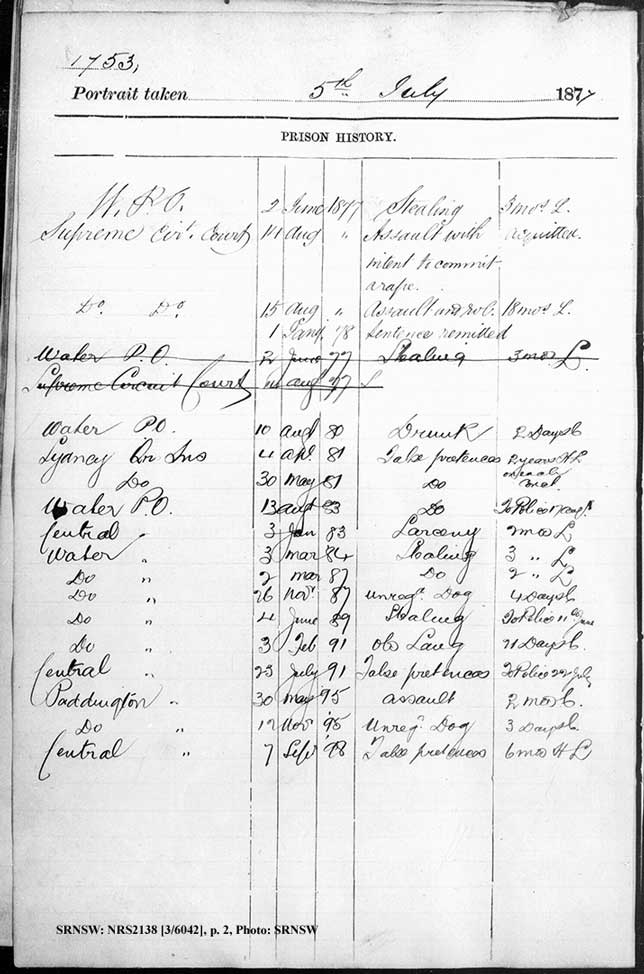 SRNSW: NRS2138, [3/6042], Darlinghurst Gaol photographic description book, 1877-1879, No. 1753, pp. 10a, 10b, R5099. p.2.