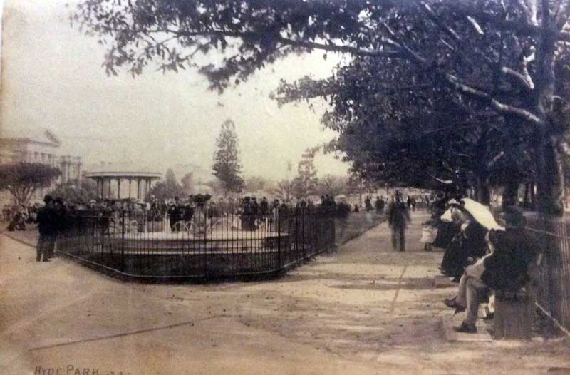 People sitting on seats in Hyde Park, near fountain, c. 1880. Image: NSW State Library, PXA 2113, box 56. Reproduction: Peter de Waal
