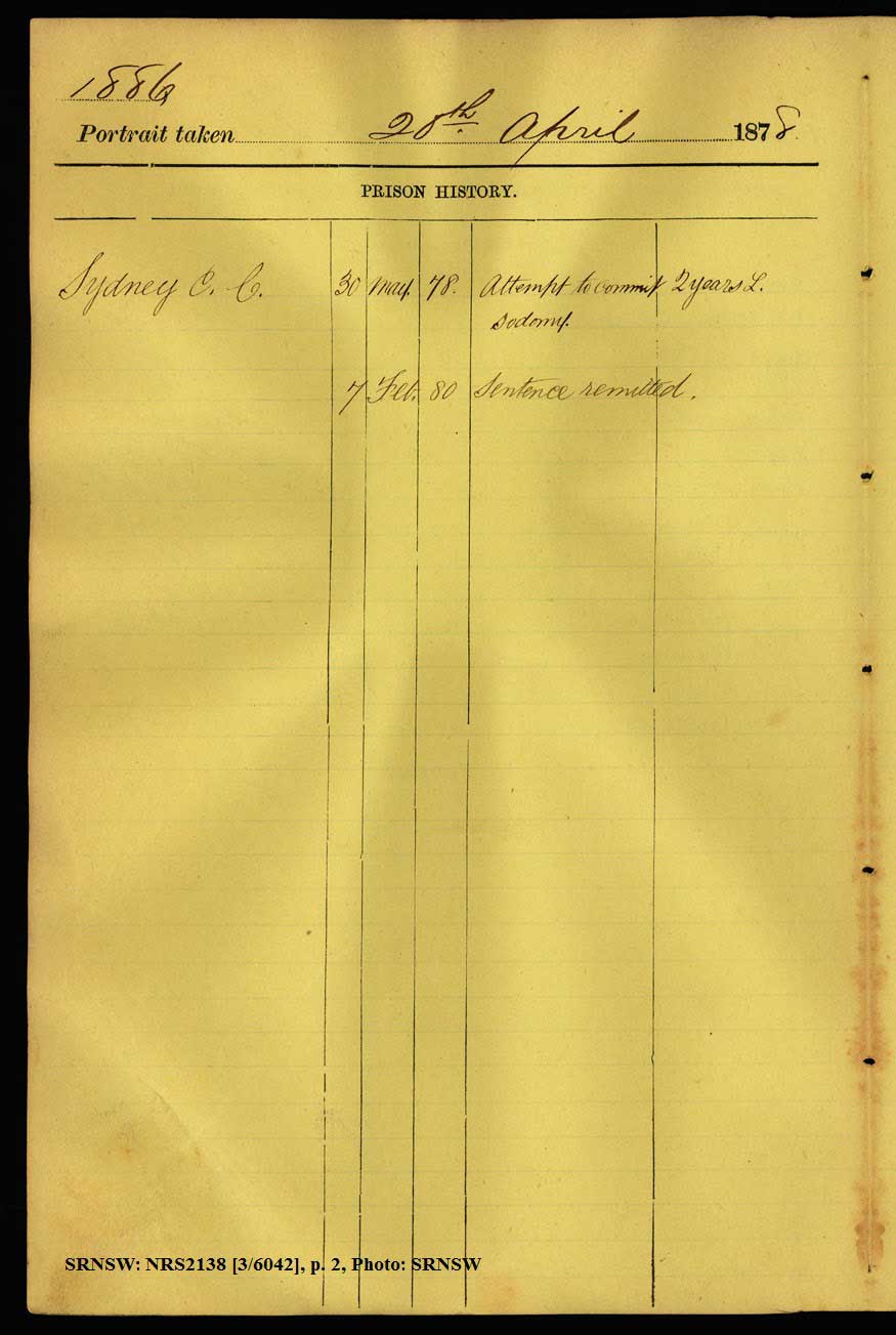 SRNSW: NRS2138, [3/6042], Darlinghurst Gaol photographic description book, 5 Jul 1877-9 May 1879, No. 1886, p. 143, R5099. p.2.
