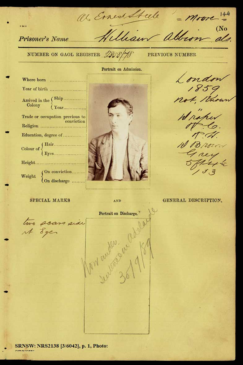 SRNSW: NRS2138, [3/6042], Darlinghurst Gaol photographic description book, 5 Jul 1877-9 May 1879, No. 1887, p. 144, R5099. p.1.