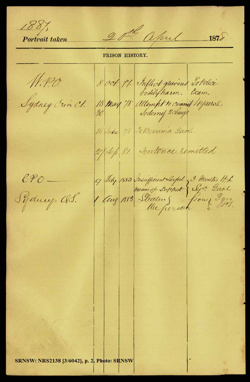 SRNSW: NRS2138, [3/6042], Darlinghurst Gaol photographic description book, 5 Jul 1877-9 May 1879, No. 1887, p. 144, R5099. p.2.