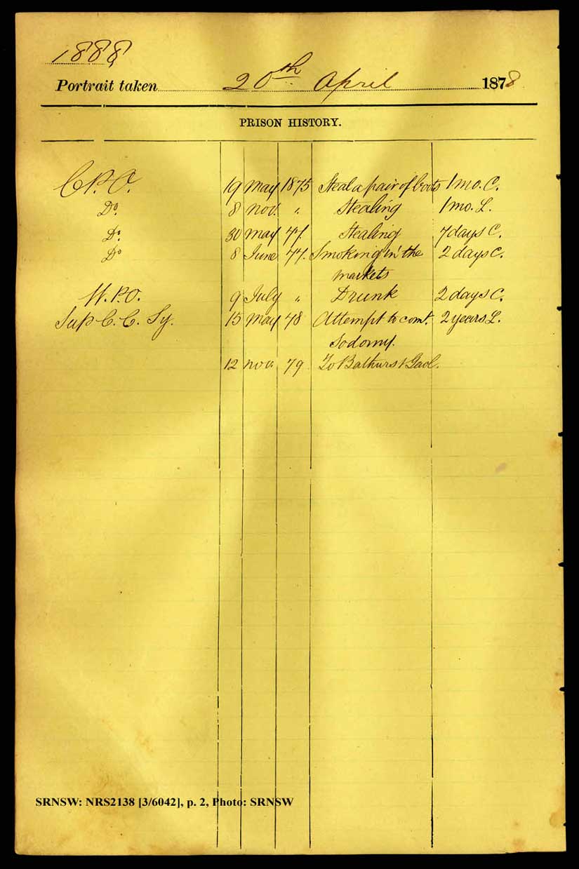 SRNSW: NRS2138, [3/6042], Darlinghurst Gaol photographic description book, 5 Jul 1877-9 May 1879, No. 1888, p. 145, R5099. p.2.