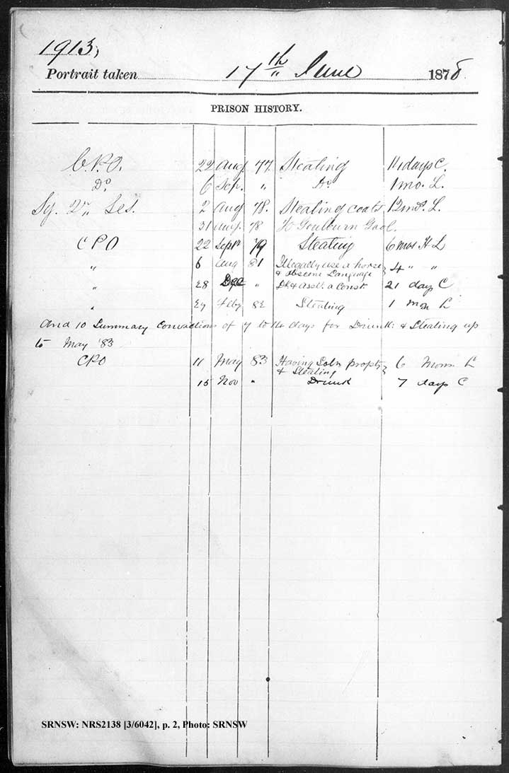 SRNSW: NRS2138, [3/6042], Darlinghurst Gaol photographic description book, 1877-1879, No. 1913, pp. 170a, 170b, R5099. p.2.