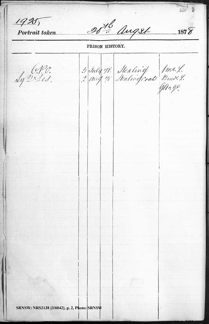  5 6 ￼SRNSW: NRS2138, [3/6042], Darlinghurst Gaol photographic description book, 1877-1879, No. 1925, pp. 182a, 182b, R5099. p.2.