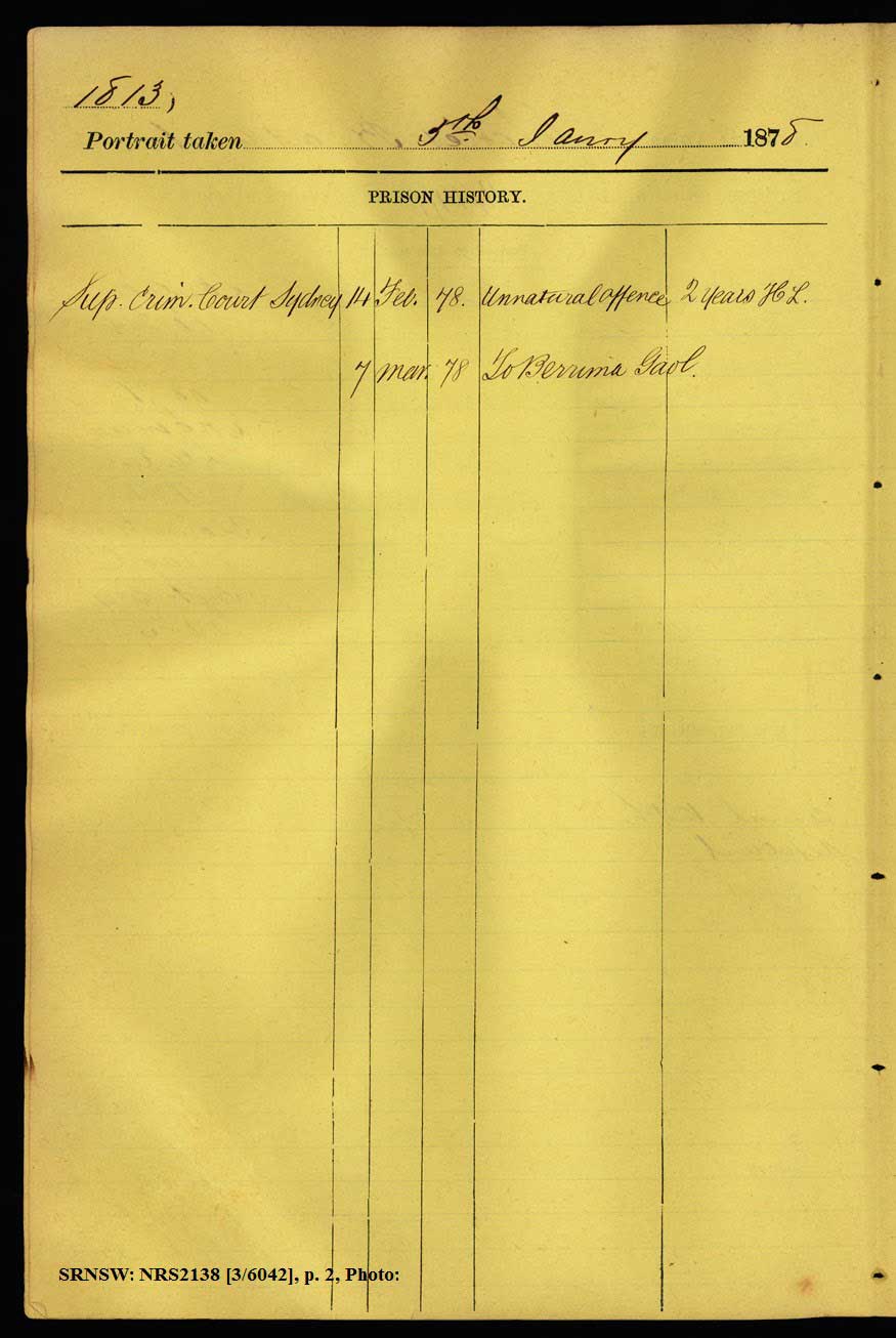 SRNSW: NRS2138, [3/6042], Darlinghurst Gaol photographic description book, 1877-1879, No. 1813, p. 70, R5099. p.2.
