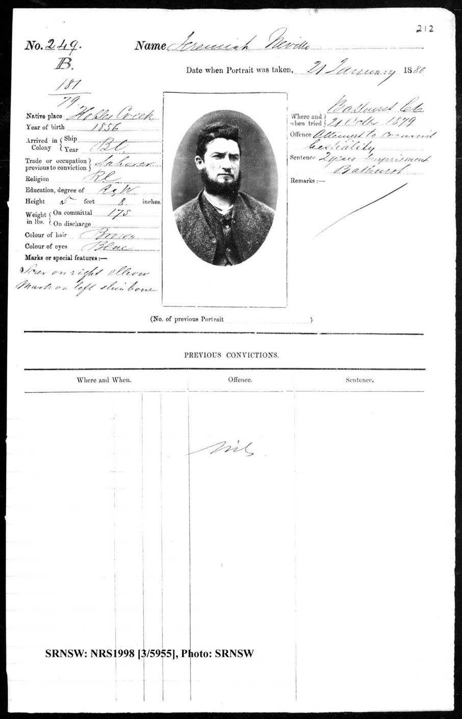 SRNSW: NRS1998, [3/5955], Bathurst Gaol photographic description book, 1874-1930, No. 249, p. 212, R5084.