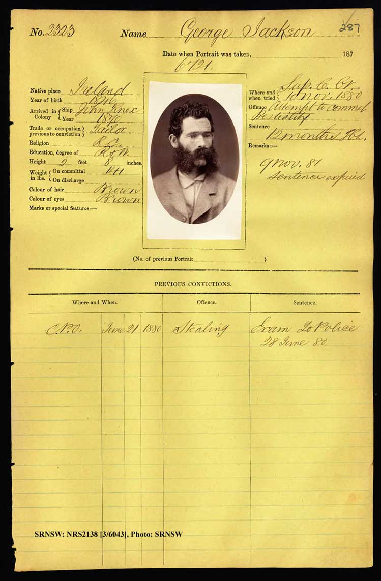 SRNSW: NRS2138, [3/6043] , Darlinghurst Gaol photographic description book, 1879-1881, No. 2323, p. 287, R5100.