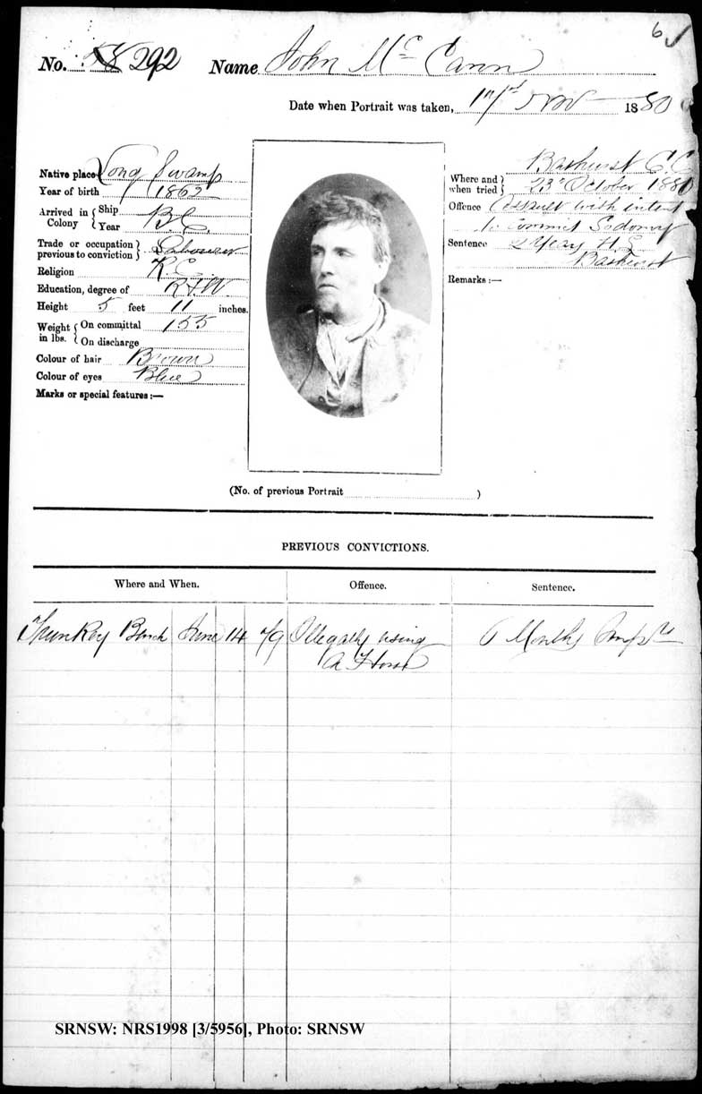 SRNSW: NRS1998, [3/5956] , Bathurst Gaol photographic description book, 17 Nov 1880-2 Jul 1883, No. 292, p. 6, R5084.