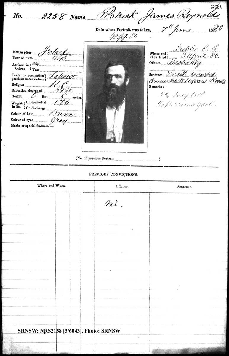SRNSW: NRS2138, [3/6043] , Darlinghurst Gaol photographic description book, 1879-1881, No. 2258, p. 221, R5100.