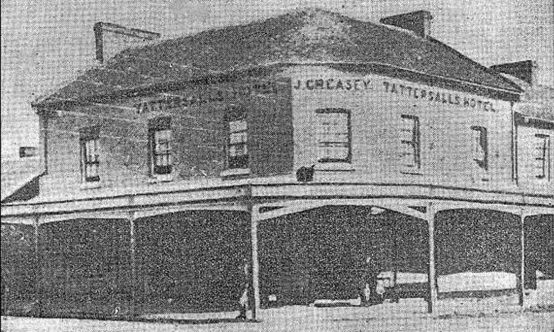 Tattersalls Hotel, Parramatta, taken in the 1850s, corner Church and George Streets, Parramatta. Image: Cumberland Argus, (Parramatta, NSW), Wed 4 Oct 1961, p. 2. Reproduction: Peter de Waal