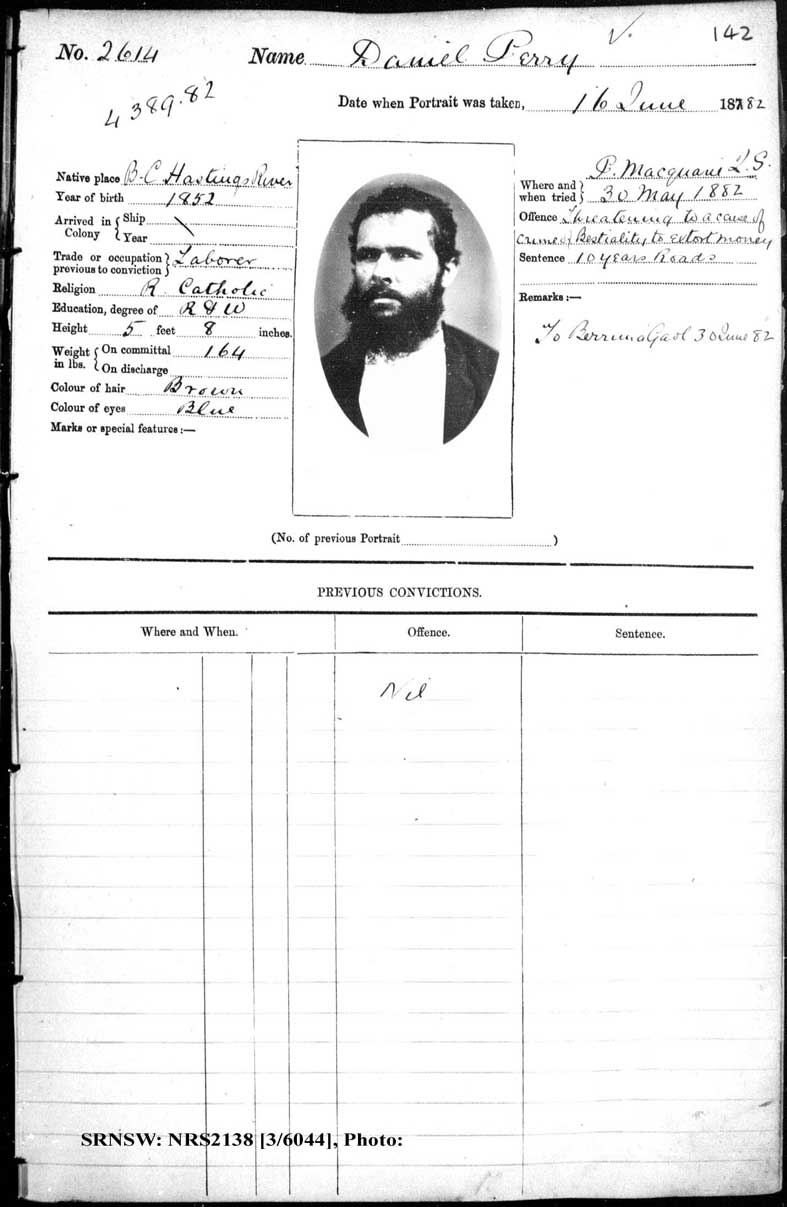 SRNSW: NRS2138, [3/6044] , Darlinghurst Gaol photographic description book, 1881-1883, No. 2614, p. 142, R5100.