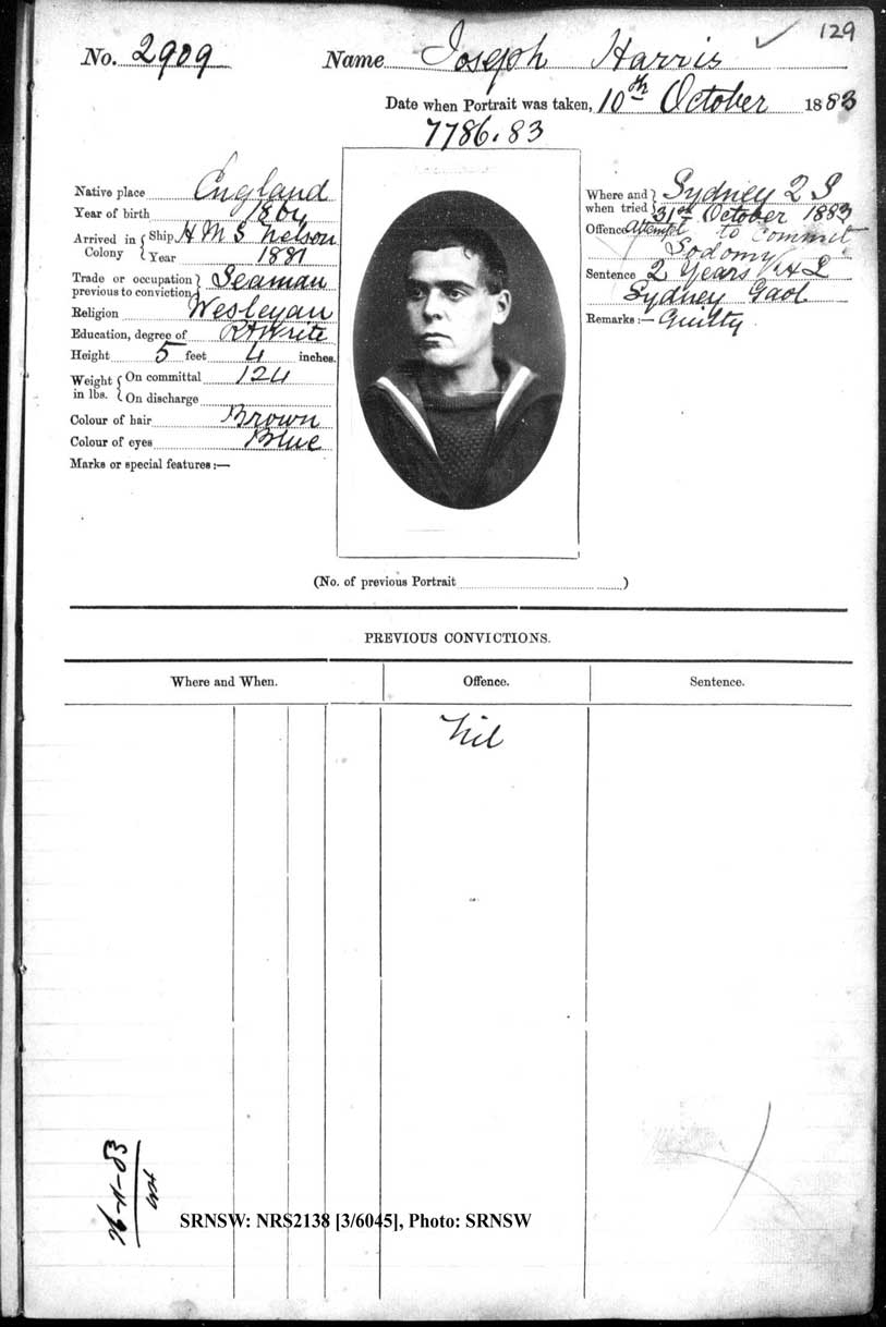 SRNSW: NRS2138, [3/6045] , Darlinghurst Gaol photographic description book, 1883-1884, No. 2909, p. 129, R5101.