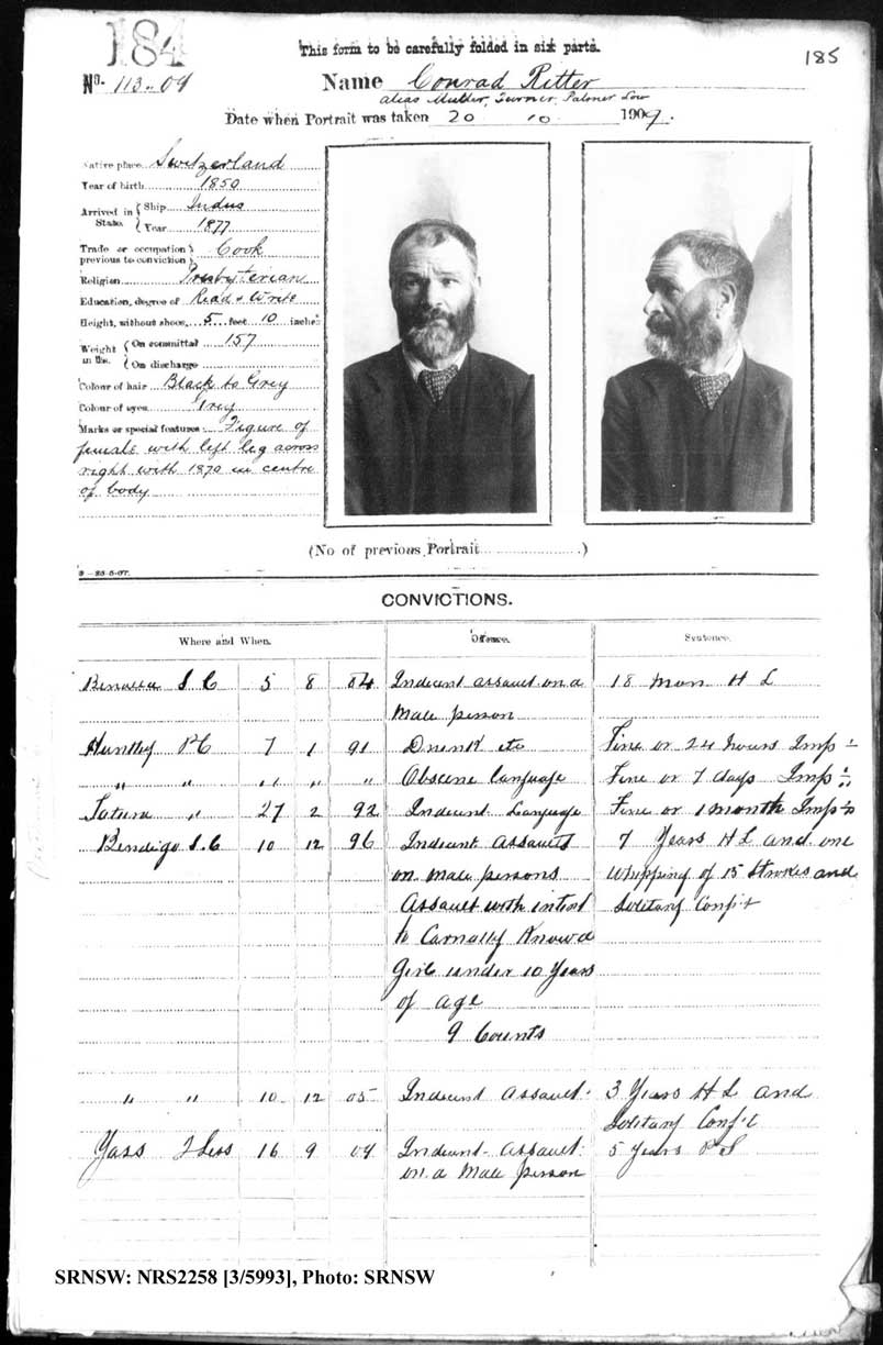 SRNSW: NRS2258, [3/5993] , Grafton Gaol photographic description book, 1910-1911, No. 184, p. 185, R5125.