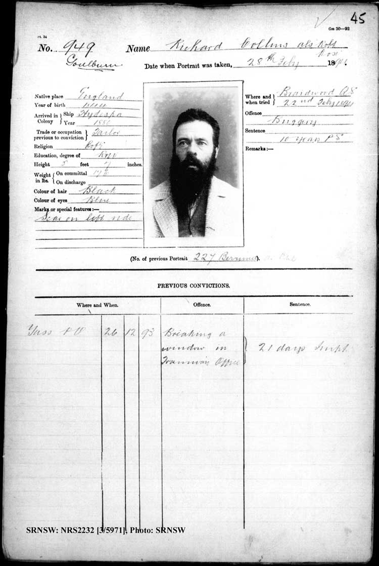 SRNSW: NRS2232, [3/5971], Goulburn Gaol photographic description book, 18 Jul 1893-9 Sep 1896, No. 949, p. 45, R5119.