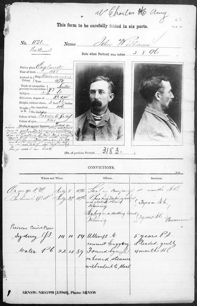 SRNSW: NRS1998, [3/5960] , Bathurst Gaol photographic description book, 1874-1930, No. 1121, p. 43, R5085.