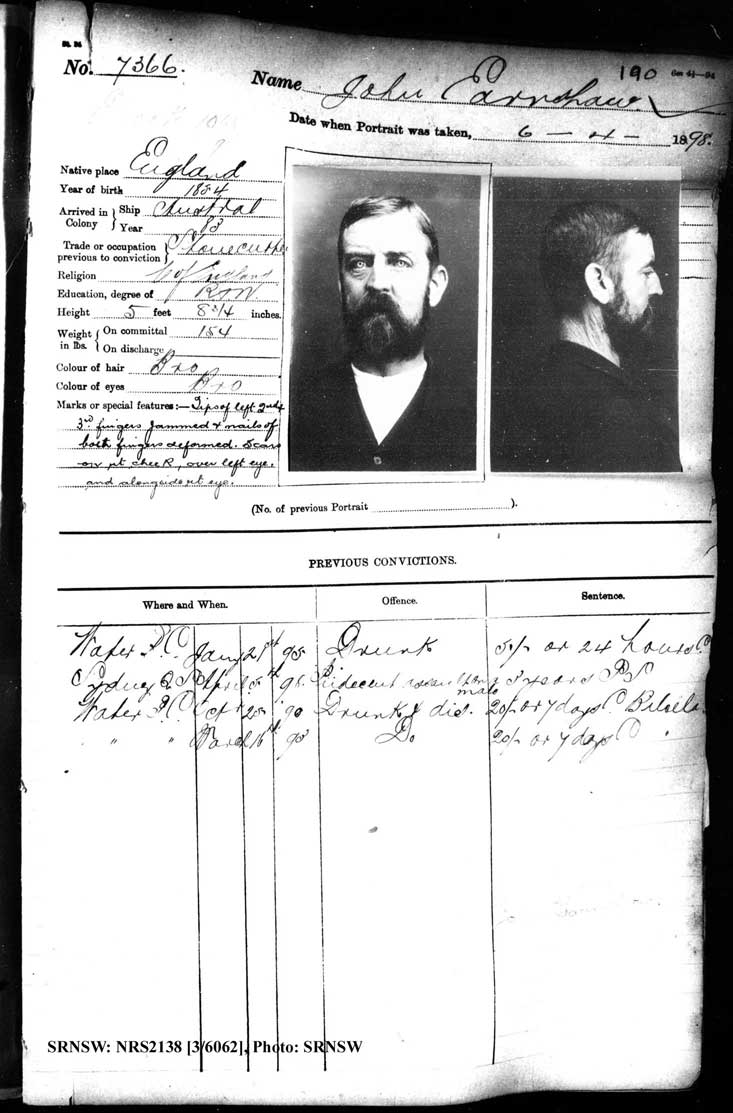 SRNSW: NRS2138, [3/6062] , Darlinghurst Gaol photographic description book, 1897-1898, No. 7366, p. 190, R5107.
