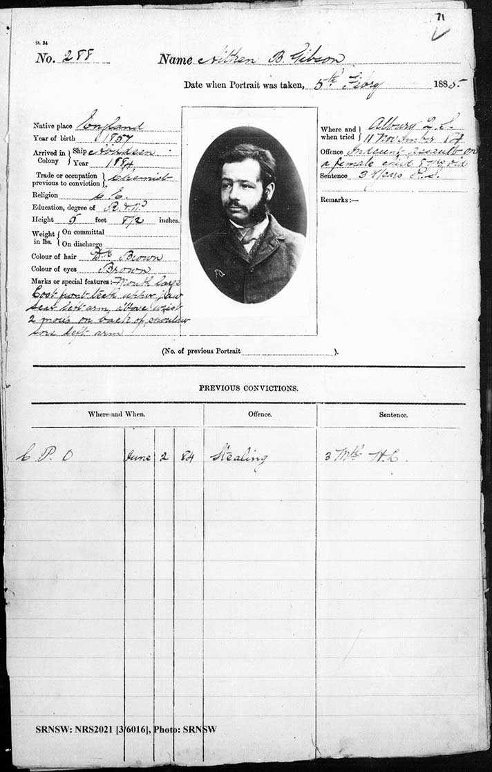 SRNSW: NRS2021, [3/6016], Berrima Gaol photographic description book, 1883-1888, No. 288, p. 71, R5093.