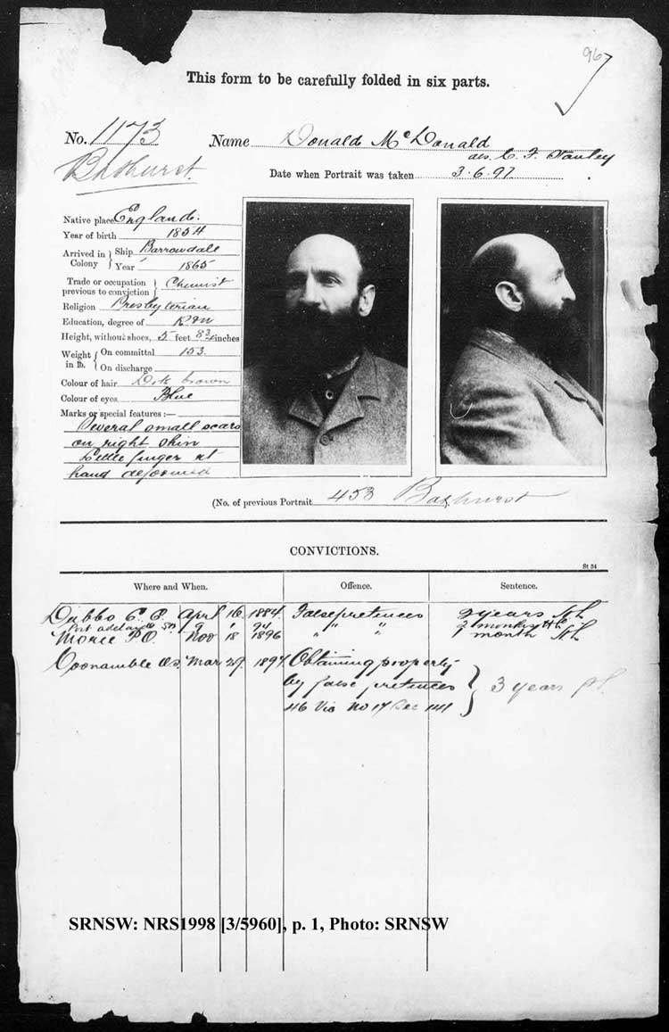 SRNSW: NRS1998, [3/5960], Bathurst Gaol photographic description book, 1874-1930, No. 1173, p.96. R5085.