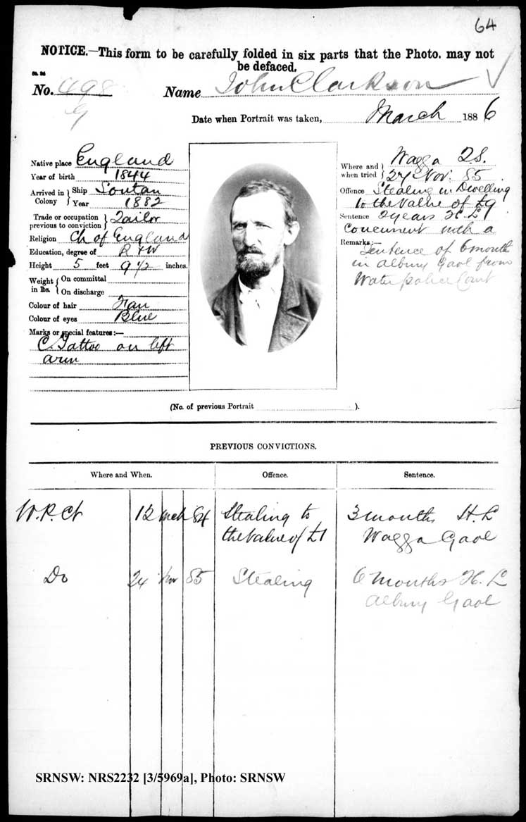 SRNSW: NRS2232, [3/5969A], Goulburn Gaol photographic description book, Dec 1884-May 1890, No. 498, p.64, R5119.