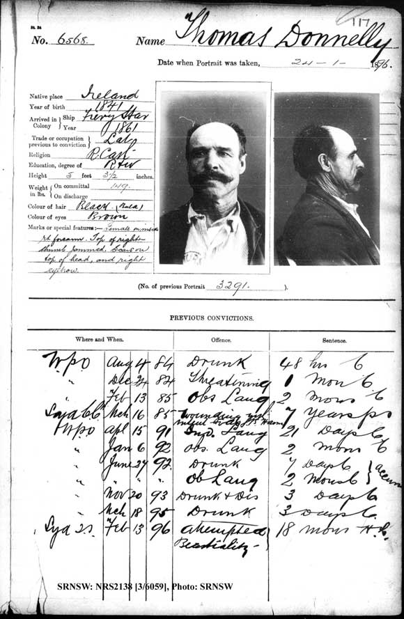 SRNSW: NRS2138, [3/6059], Darlinghurst Gaol photographic description book, 1895-1896, No.6568, p. 117, R5106. Emphasis