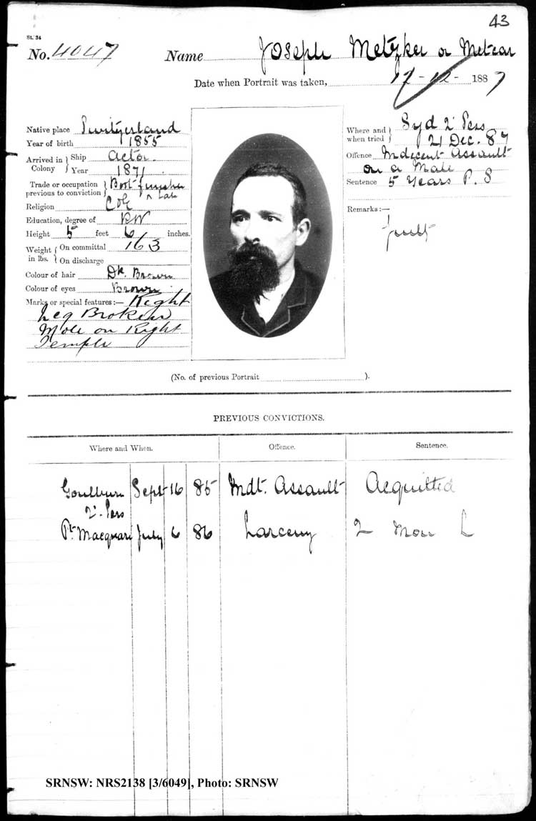 SRNSW: NRS2138, [3/6049], Darlinghurst Gaol photographic description book, 1887-1888, No. 4047, p. 43, R5102.