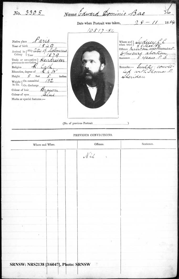 SRNSW: NRS2138, [3/6047], Darlinghurst Gaol photographic description book, 1885, No. 3305, p. 36, R5101.